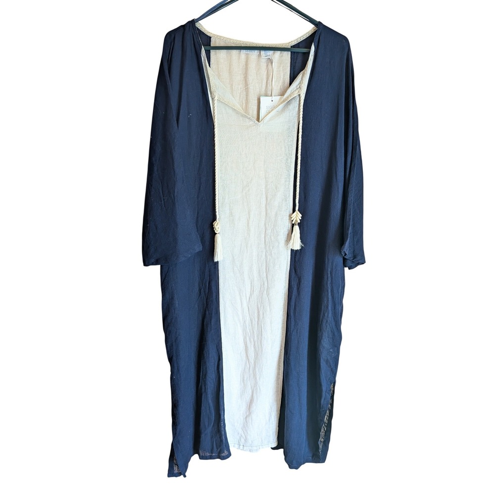 Sigrid Olsen Navy and Cream Maxi Dress with Tassel Tie
